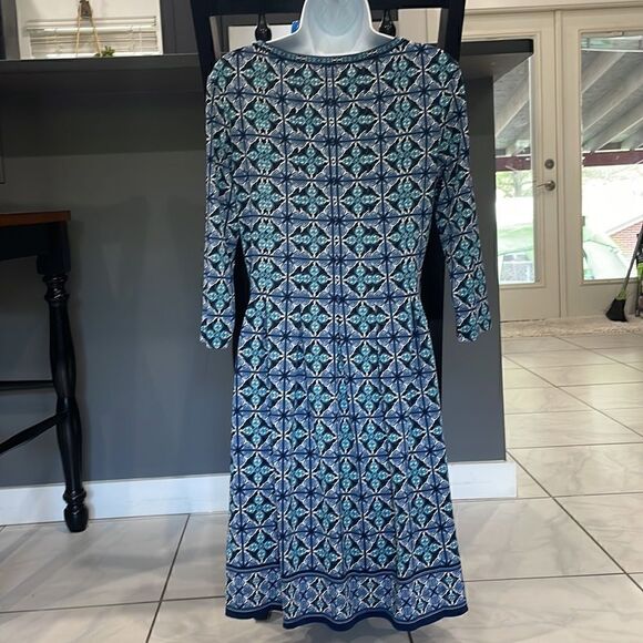 New! Jersey knit blue print A-line 3/4 sleeve pull over midi dress - Picture 8 of 16